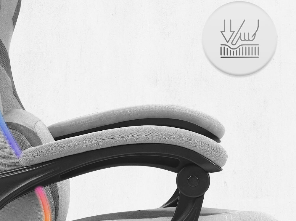 Fotel CABRO C502 LED Szary Zbliżenie na miękki podłokietnik fotela z ikoną nacisku, podkreślającą komfort użytkowania i jakość wypełnienia fotel gamingowy z podłokietnikami z miękkimi padami