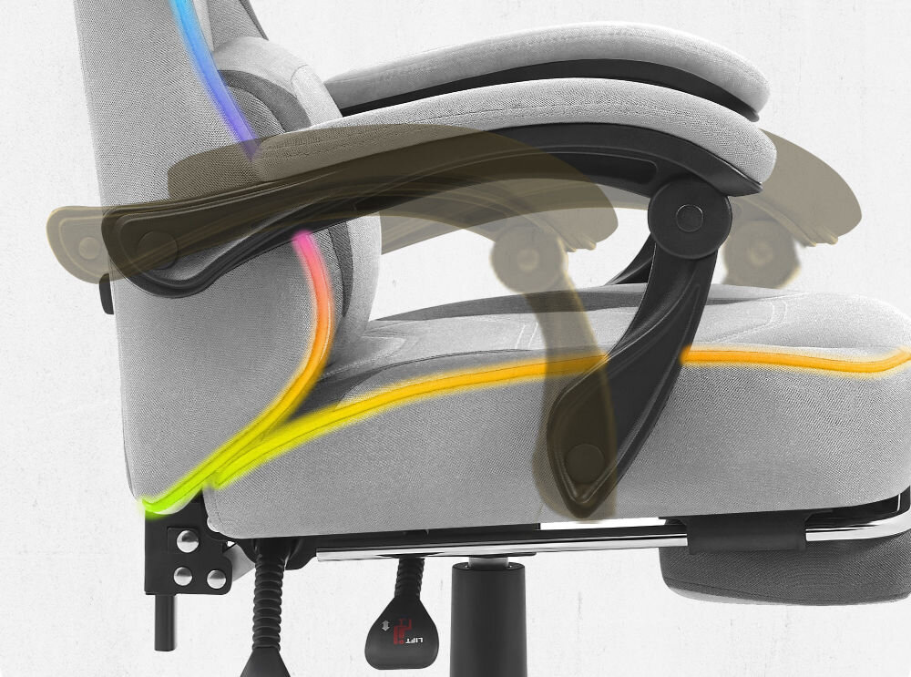 Fotel CABRO C502 LED Szary Widok z profilu na podłokietnik fotela z graficznym zaznaczeniem możliwości jego regulacji i dopasowania do rąk fotel gamingowy z systemem linkage armrests podłokietników