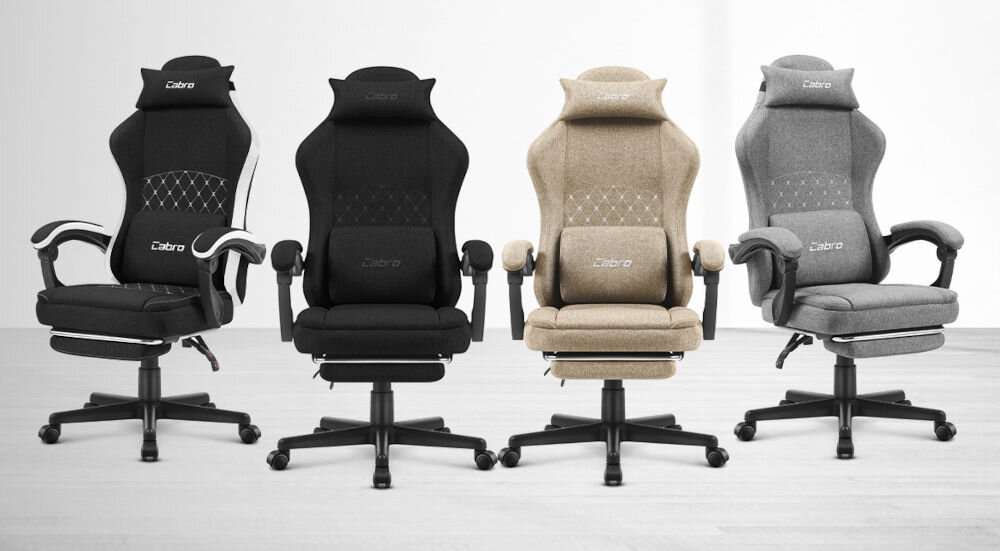 Fotel CABRO C503 Beżowy Zestawienie różnych modeli foteli gamingowych z tej samej serii, prezentujące dostępne warianty wykończenia i detali ergonomiczny fotel gamingowy z podnóżkiem i regulacją oparcia