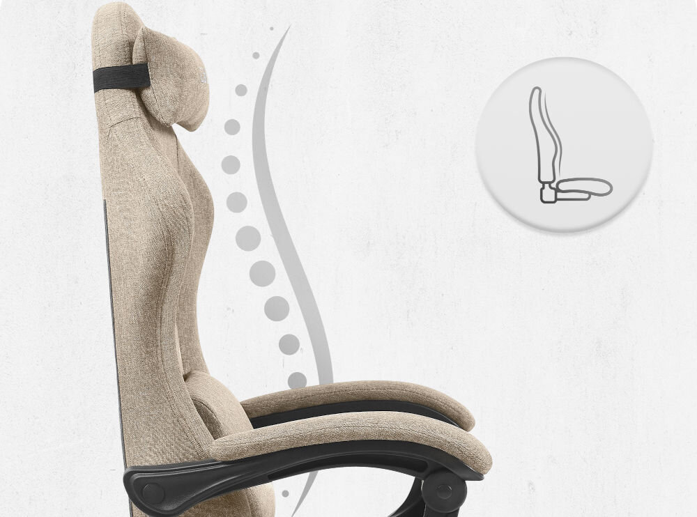 Fotel CABRO C503 Beżowy Profil fotela z ikoną prezentującą ergonomiczny kształt oparcia dopasowany do naturalnej krzywizny kręgosłupa ergonomiczny fotel gamingowy do pracy i grania