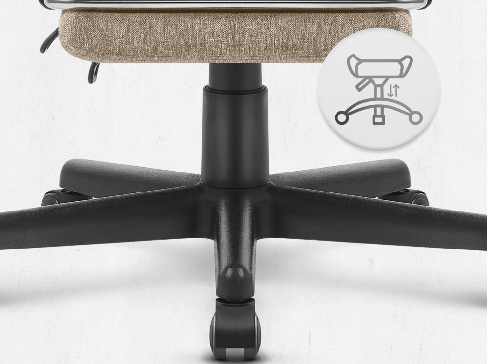 Fotel CABRO C503 Beżowy Widok na podstawę fotela z ikoną ilustrującą funkcję regulacji wysokości siedziska fotel gamingowy z pięcioramienną nylonową podstawą