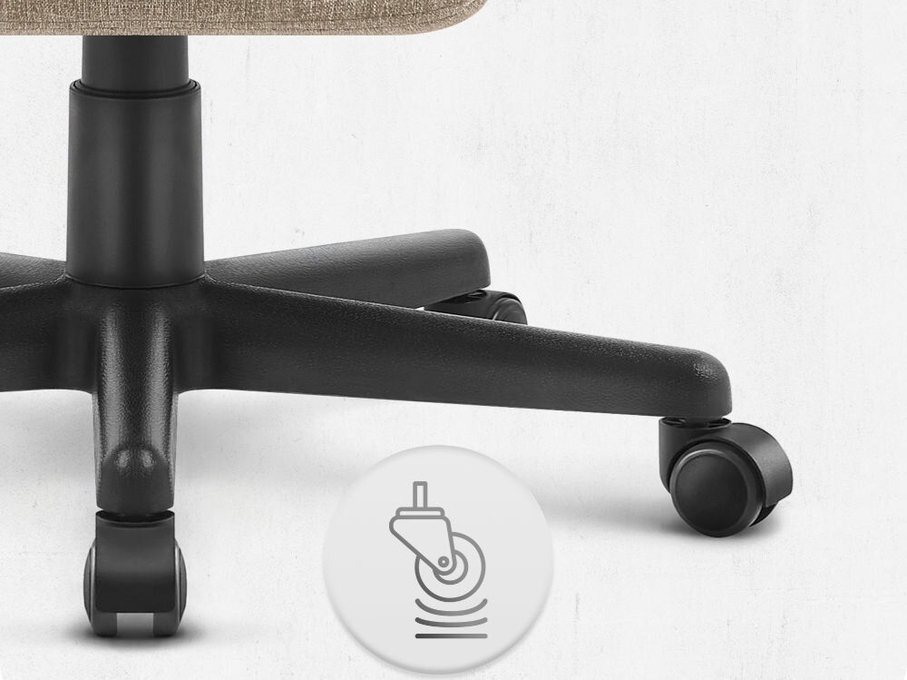 Fotel CABRO C503 Beżowy Zbliżenie na kółka fotela gamingowego z ikoną sugerującą płynność ruchu lub cichą pracę mechanizmu fotel gamingowy z solidnymi kółkami trwałe materiały ochrona podłogi