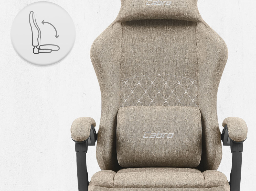 Fotel CABRO C503 Beżowy Fotel gamingowy widziany od przodu z ikoną ilustrującą mechanizm kołysania siedziska uniwersalny fotel gamingowy do biura i pokoju gracza