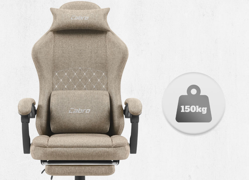 Fotel CABRO C503 Beżowy Widok od przodu na fotel gamingowy z ikoną informującą o maksymalnym obciążeniu wynoszącym 150 kg wytrzymały fotel gamingowy o nośności 150 kg