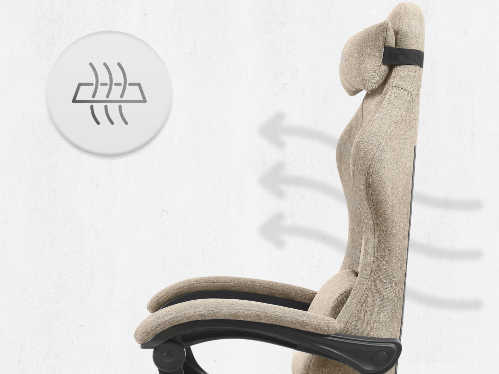 Fotel CABRO C503 Beżowy Profil fotela gamingowego z naniesionymi strzałkami i ikoną symbolizującą wentylację oraz przepływ powietrza przez oparcie ergonomiczny fotel gamingowy do długiej pracy i grania