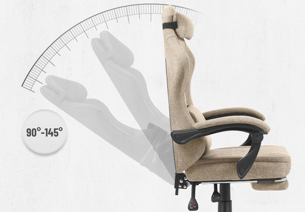 Fotel CABRO C503 Beżowy Grafika prezentująca mechanizm regulacji kąta nachylenia oparcia fotela w zakresie od 90 do 145 stopni fotel gamingowy z regulacją oparcia do 145 stopni