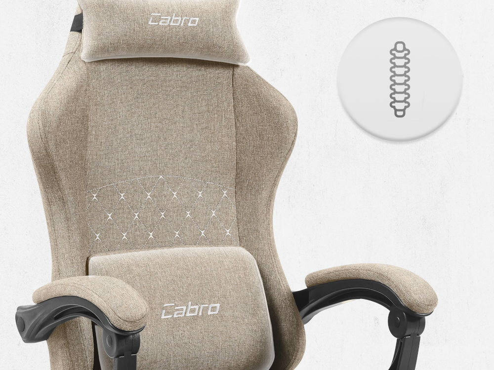 Fotel CABRO C503 Beżowy Górna część fotela gamingowego z widocznym zagłówkiem i ikoną wsparcia kręgosłupa na całej długości pleców fotel gamingowy z poduszką lędźwiową i poduszką pod kark