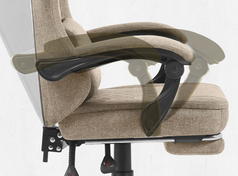 Fotel CABRO C503 Beżowy Widok z profilu na podłokietnik fotela z graficznym zaznaczeniem możliwości jego regulacji i dopasowania do rąk fotel gamingowy z systemem linkage armrests podłokietników