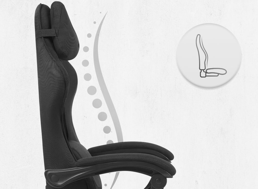 Fotel gamingowy CABRO C504 Czarny  Profil fotela z ikoną prezentującą ergonomiczny kształt oparcia dopasowany do naturalnej krzywizny kręgosłupa ergonomiczny fotel gamingowy do pracy i grania