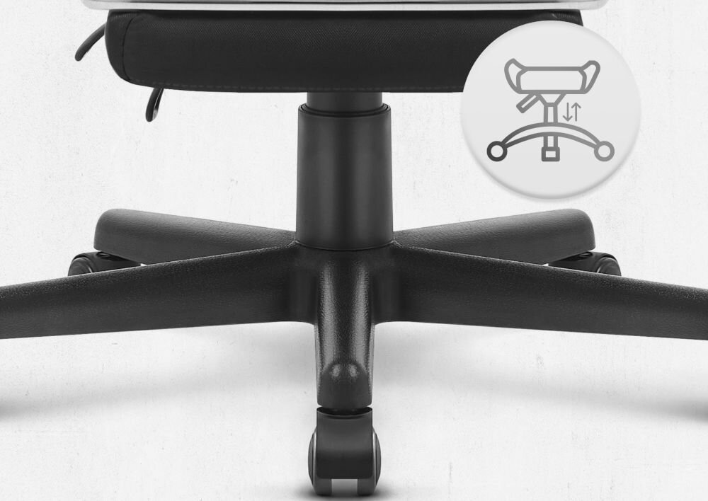 Fotel gamingowy CABRO C504 Czarny  Widok na podstawę fotela z ikoną ilustrującą funkcję regulacji wysokości siedziska fotel gamingowy z pięcioramienną nylonową podstawą