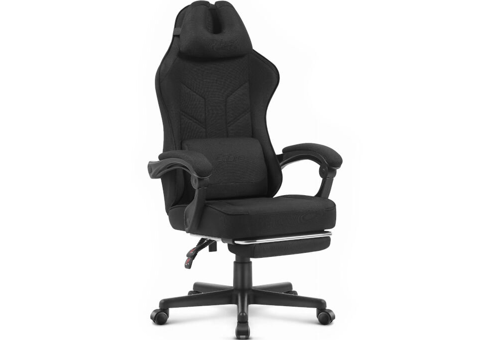 Fotel gamingowy CABRO C504 Czarny  prezentacja fotela na jasnym tle od przodu pod kątem fotel gamingowy z dopasowanymi wymiarami do biurka