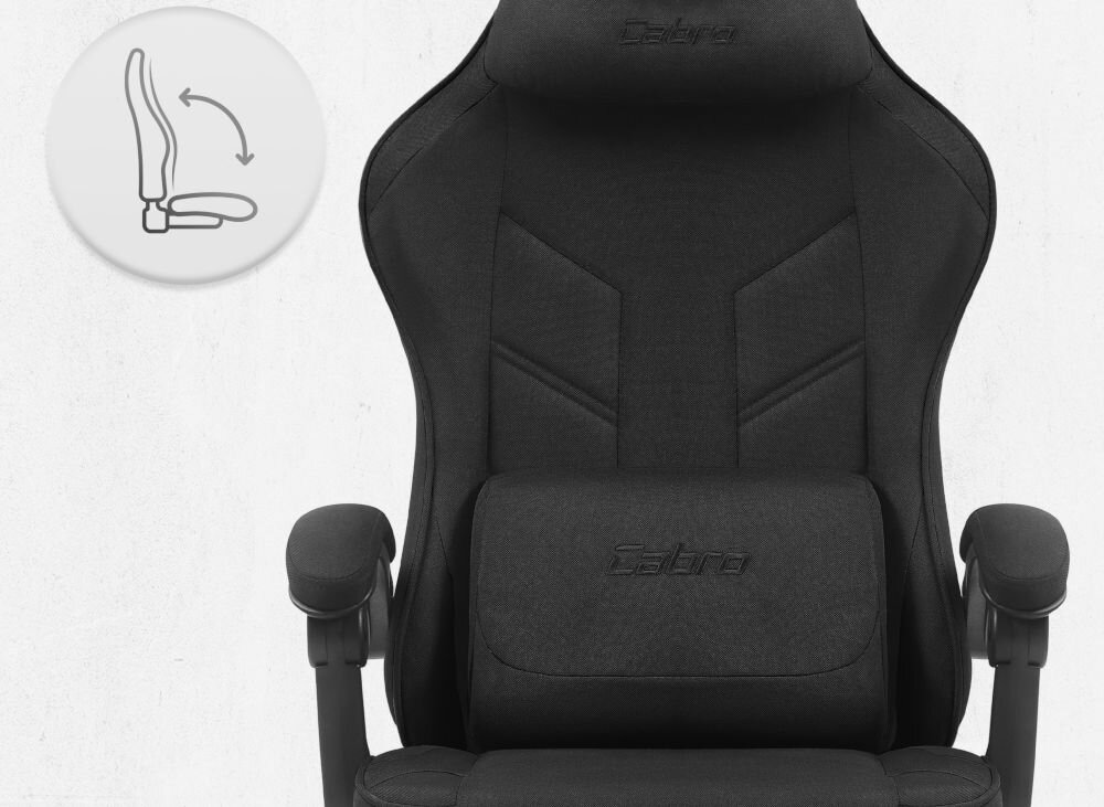 Fotel gamingowy CABRO C504 Czarny  Fotel gamingowy widziany od przodu z ikoną ilustrującą mechanizm kołysania siedziska uniwersalny fotel gamingowy do biura i pokoju gracza