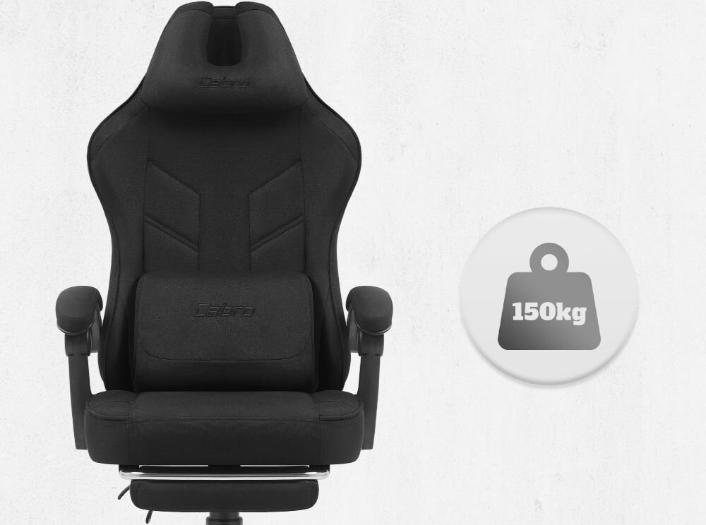 Fotel gamingowy CABRO C504 Czarny  Widok od przodu na fotel gamingowy z ikoną informującą o maksymalnym obciążeniu wynoszącym 150 kg wytrzymały fotel gamingowy o nośności 150 kg