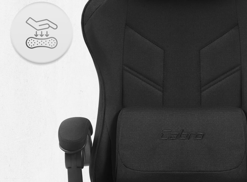 Fotel gamingowy CABRO C504 Czarny  Zbliżenie na oparcie i podłokietnik fotela z ikoną dłoni naciskającej miękką piankę wypełniającą fotel gamingowy z oddychającą tapicerką z tkaniny