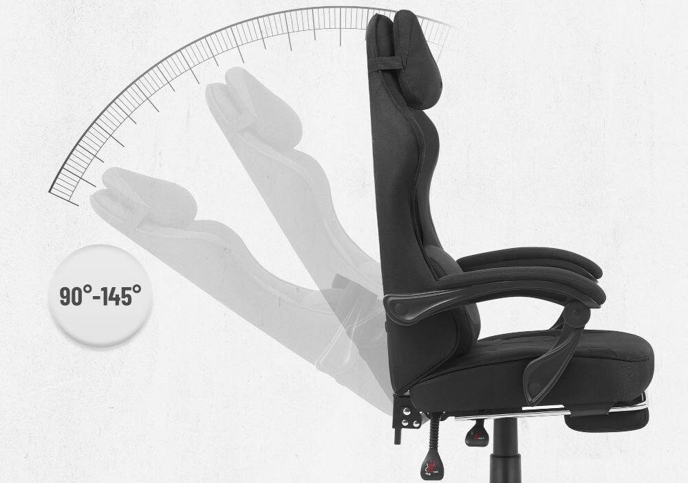 Fotel gamingowy CABRO C504 Czarny  Grafika prezentująca mechanizm regulacji kąta nachylenia oparcia fotela w zakresie od 90 do 145 stopni fotel gamingowy z regulacją oparcia do 145 stopni