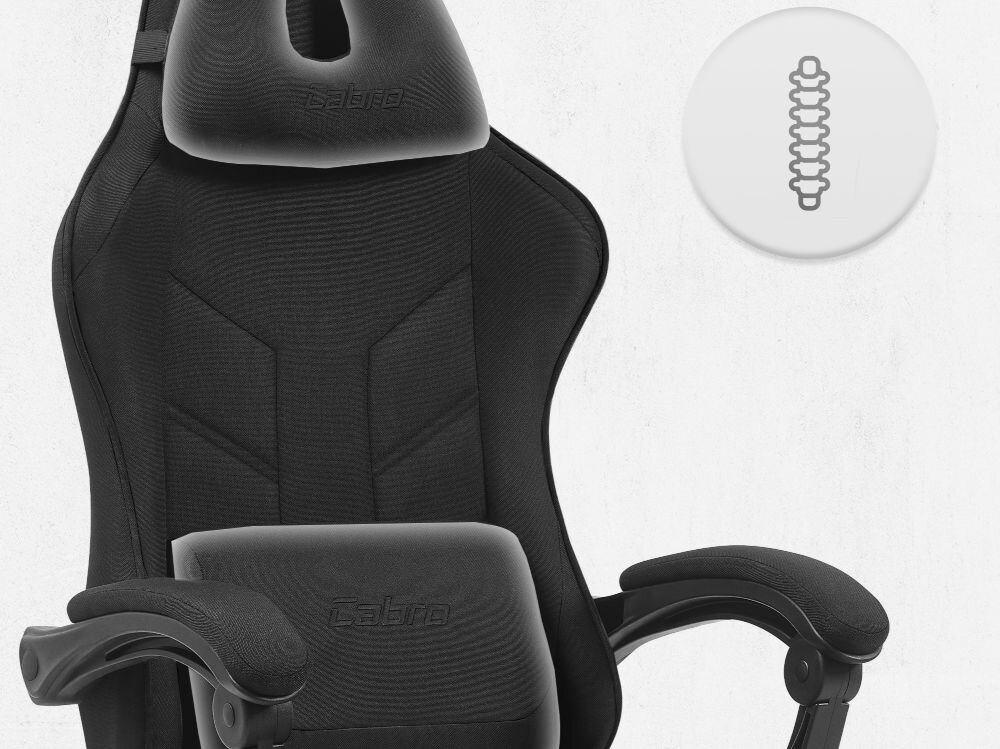 Fotel gamingowy CABRO C504 Czarny  Górna część fotela gamingowego z widocznym zagłówkiem i ikoną wsparcia kręgosłupa na całej długości pleców fotel gamingowy z poduszką lędźwiową i poduszką pod kark