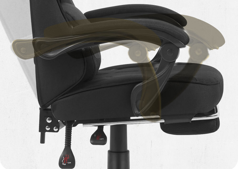 Fotel gamingowy CABRO C504 Czarny  Widok z profilu na podłokietnik fotela z graficznym zaznaczeniem możliwości jego regulacji i dopasowania do rąk fotel gamingowy z systemem linkage armrests podłokietników