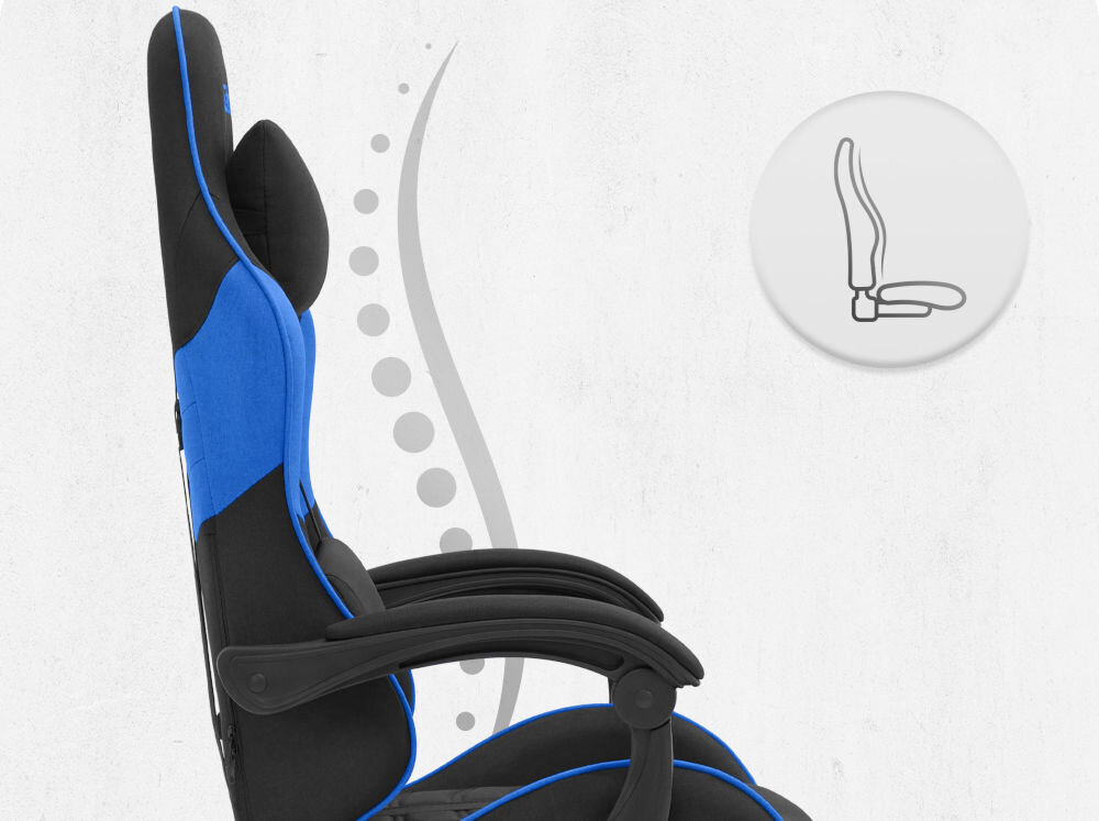Fotel CABRO C501 Czarno-Niebieski Profil fotela z ikoną prezentującą ergonomiczny kształt oparcia dopasowany do naturalnej krzywizny kręgosłupa ergonomiczny fotel gamingowy do pracy i grania
