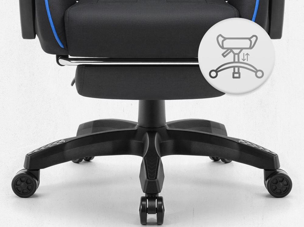 Fotel CABRO C501 Czarno-Niebieski Widok na podstawę fotela z ikoną ilustrującą funkcję regulacji wysokości siedziska fotel gamingowy z pięcioramienną nylonową podstawą