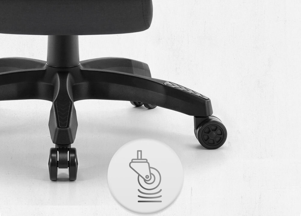 Fotel CABRO C501 Czarno-Niebieski Zbliżenie na kółka fotela gamingowego z ikoną sugerującą płynność ruchu lub cichą pracę mechanizmu fotel gamingowy z cichymi kółkami poliuretanowo-kauczukowymi