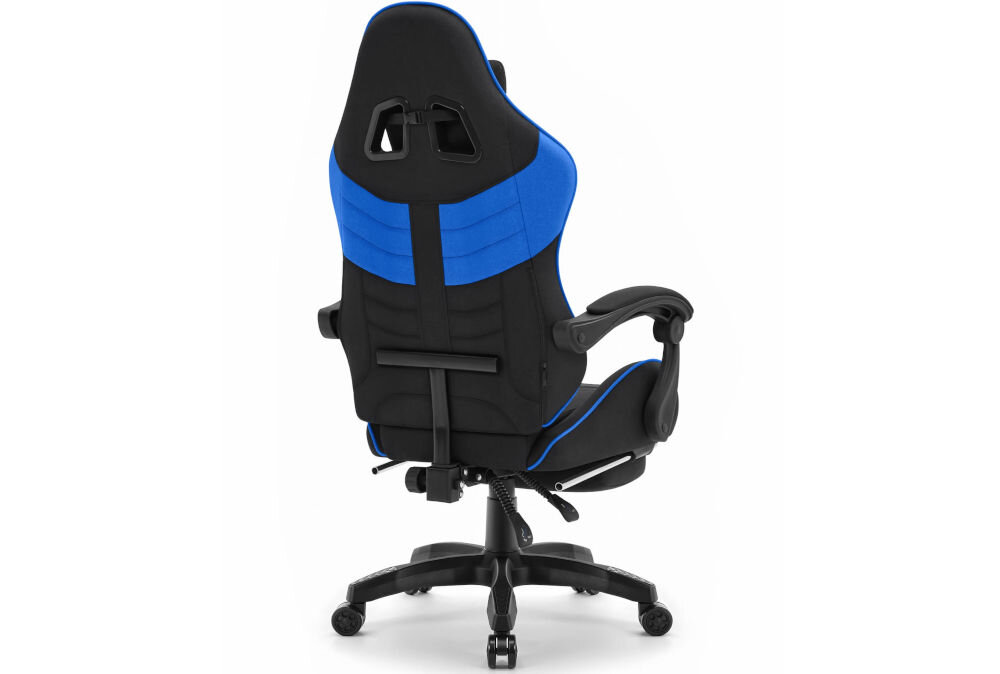 Fotel CABRO C501 Czarno-Niebieski prezentacja fotela na jasnym tle od tyłu pod kątem fotel gamingowy z dopasowanymi wymiarami do biurka