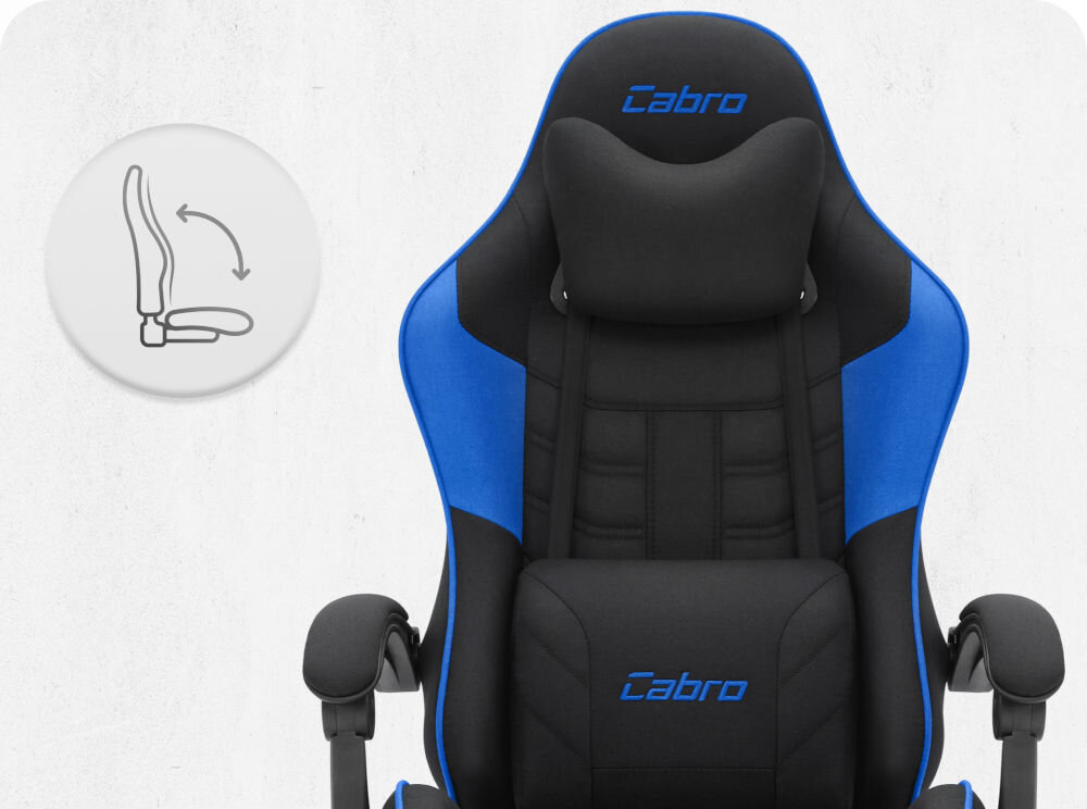Fotel CABRO C501 Czarno-Niebieski Fotel gamingowy widziany od przodu z ikoną ilustrującą mechanizm kołysania siedziska uniwersalny fotel gamingowy do biura i pokoju gracza