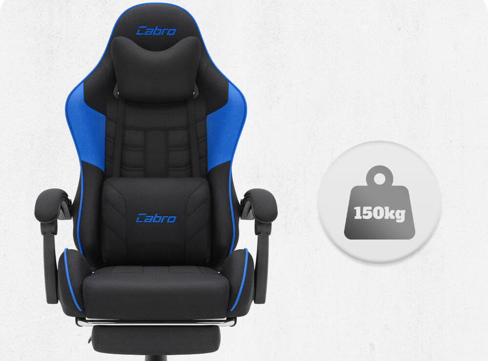 Fotel CABRO C501 Czarno-Niebieski Widok od przodu na fotel gamingowy z ikoną informującą o maksymalnym obciążeniu wynoszącym 150 kg wytrzymały fotel gamingowy o nośności 150 kg