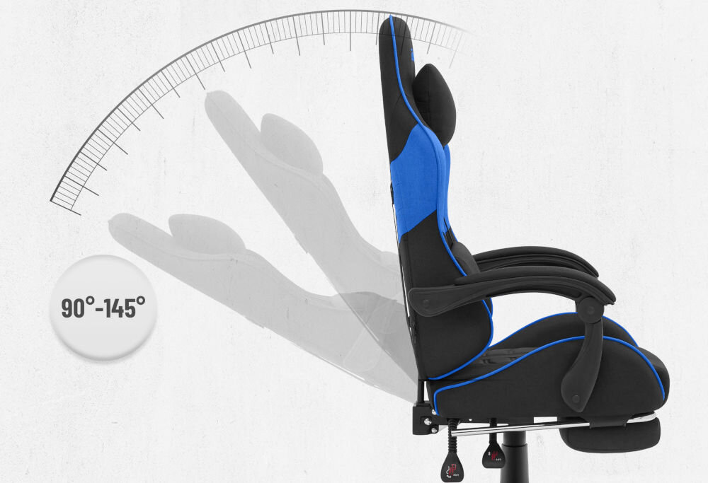 Fotel CABRO C501 Czarno-Niebieski Grafika prezentująca mechanizm regulacji kąta nachylenia oparcia fotela w zakresie od 90 do 145 stopni fotel gamingowy z regulacją oparcia do 145 stopni