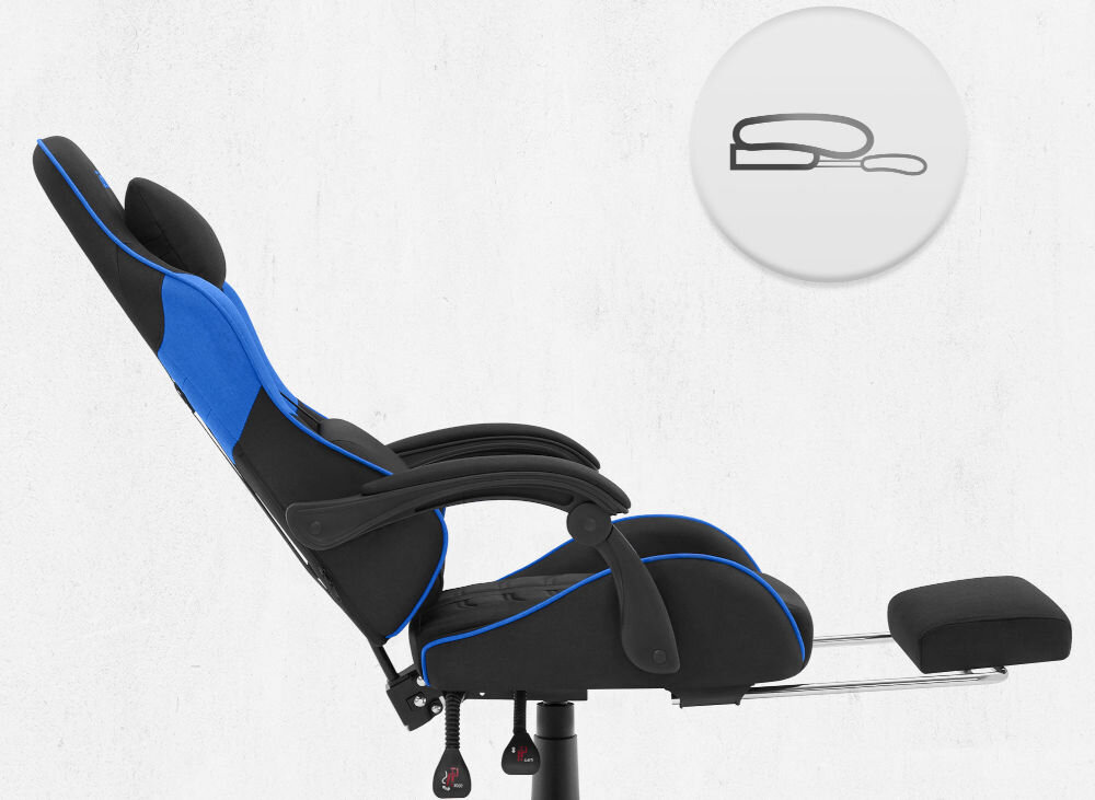 Fotel CABRO C501 Czarno-Niebieski Widok z boku na fotel gamingowy z maksymalnie odchylonym oparciem i wysuniętym podnóżkiem pod nogi fotel gamingowy z wysuwanym podnóżkiem do odpoczynku