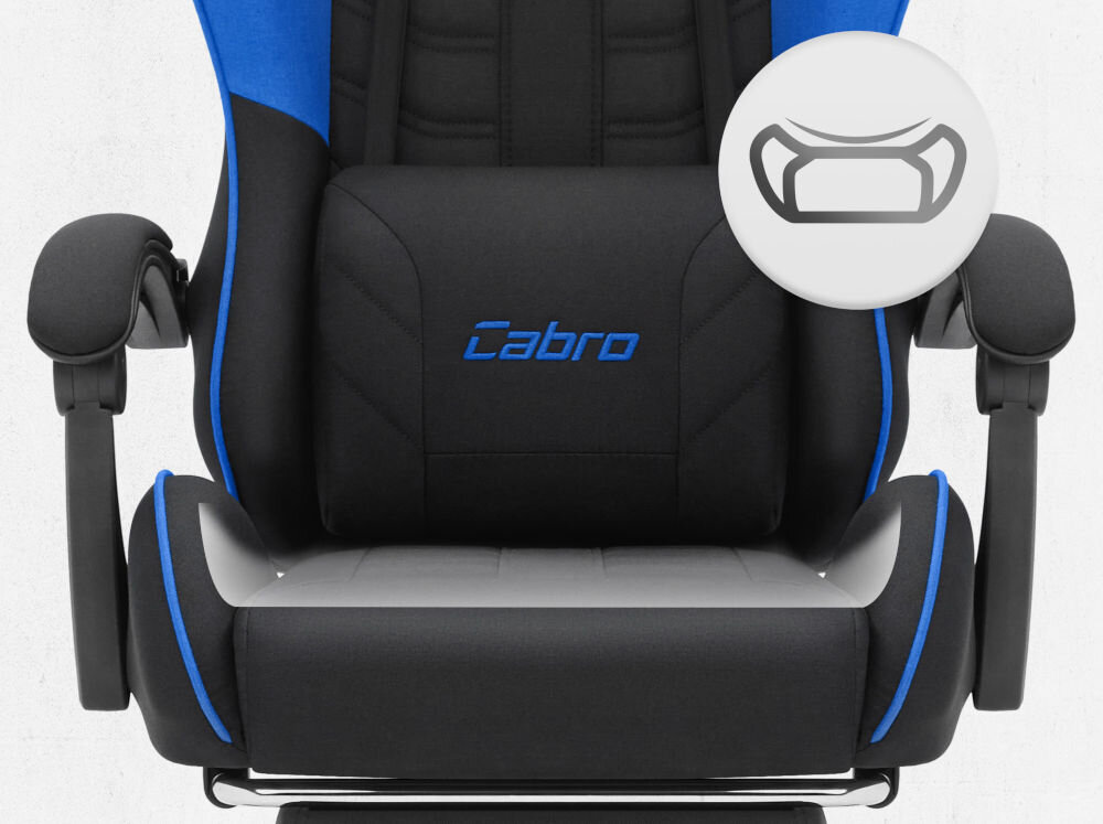 Fotel CABRO C501 Czarno-Niebieski Zbliżenie na siedzisko oraz poduszkę lędźwiową fotela gamingowego z logo marki i ikoną profilowanej poduszki fotel gamingowy z ergonomicznym siedziskiem z pianką