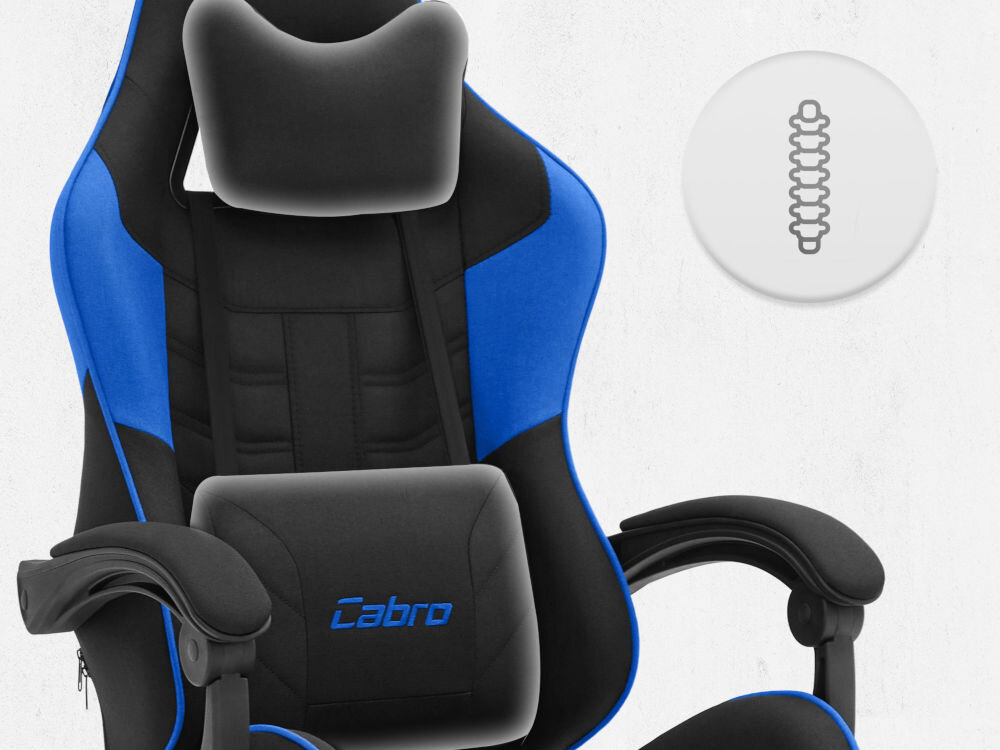 Fotel CABRO C501 Czarno-Niebieski Górna część fotela gamingowego z widocznym zagłówkiem i ikoną wsparcia kręgosłupa na całej długości pleców fotel gamingowy z poduszką lędźwiową i poduszką pod kark
