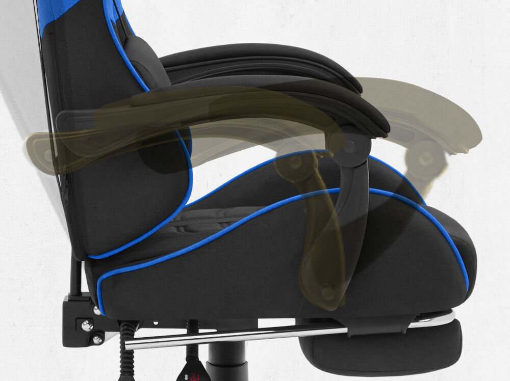 Fotel CABRO C501 Czarno-Niebieski Widok z profilu na podłokietnik fotela z graficznym zaznaczeniem możliwości jego regulacji i dopasowania do rąk fotel gamingowy z systemem linkage armrests podłokietników