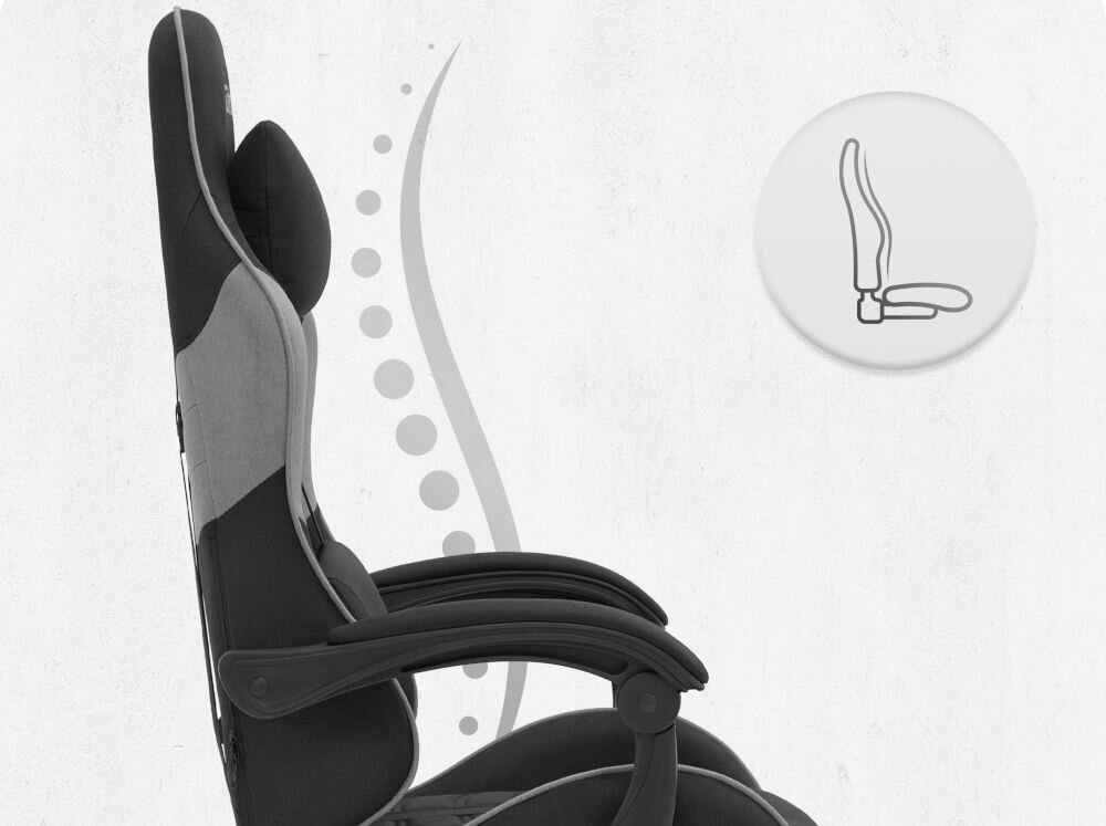 Fotel CABRO C501 Czarno-Szary Profil fotela z ikoną prezentującą ergonomiczny kształt oparcia dopasowany do naturalnej krzywizny kręgosłupa ergonomiczny fotel gamingowy do pracy i grania