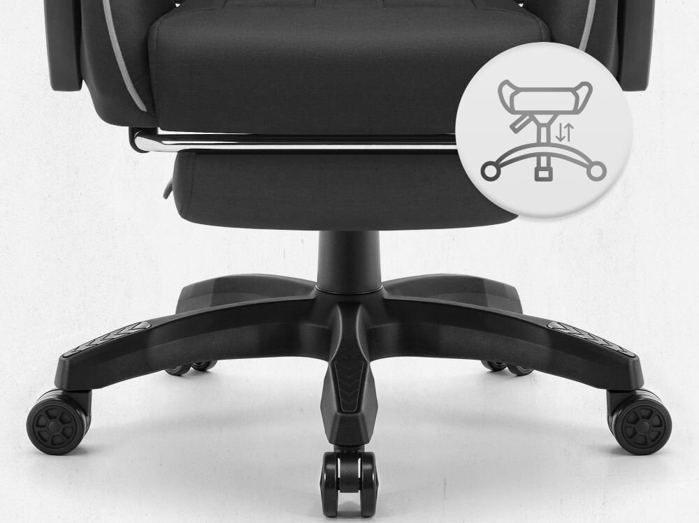 Fotel CABRO C501 Czarno-Szary Widok na podstawę fotela z ikoną ilustrującą funkcję regulacji wysokości siedziska fotel gamingowy z pięcioramienną nylonową podstawą