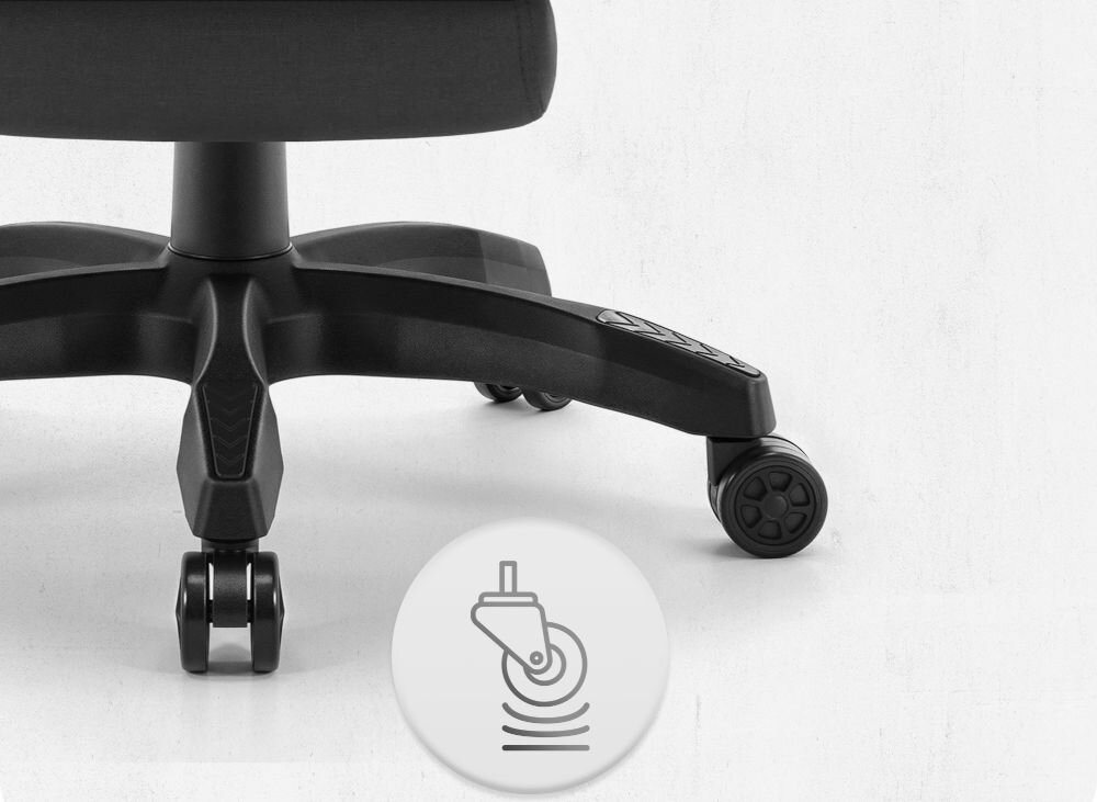 Fotel CABRO C501 Czarno-Szary Zbliżenie na kółka fotela gamingowego z ikoną sugerującą płynność ruchu lub cichą pracę mechanizmu fotel gamingowy z cichymi kółkami poliuretanowo-kauczukowymi