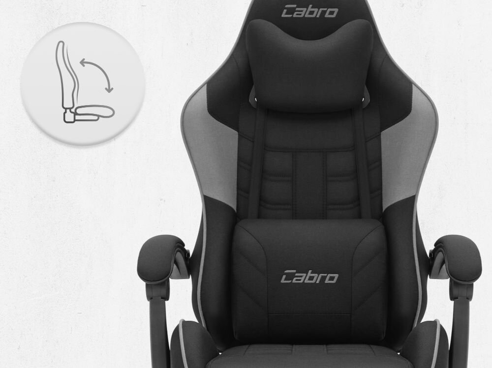 Fotel CABRO C501 Czarno-Szary Fotel gamingowy widziany od przodu z ikoną ilustrującą mechanizm kołysania siedziska uniwersalny fotel gamingowy do biura i pokoju gracza