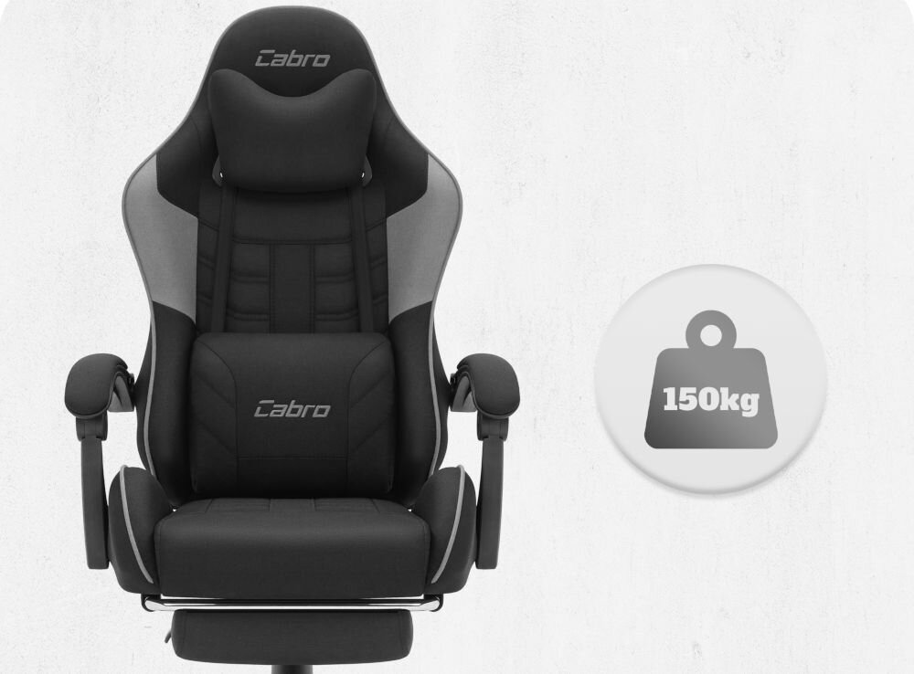 Fotel CABRO C501 Czarno-Szary Widok od przodu na fotel gamingowy z ikoną informującą o maksymalnym obciążeniu wynoszącym 150 kg wytrzymały fotel gamingowy o nośności 150 kg