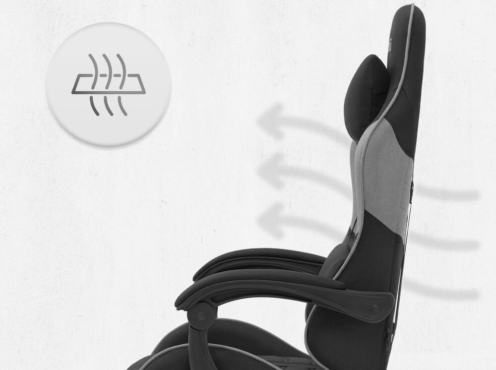 Fotel CABRO C501 Czarno-Szary Profil fotela gamingowego z naniesionymi strzałkami i ikoną symbolizującą wentylację oraz przepływ powietrza przez oparcie ergonomiczny fotel gamingowy do długiej pracy i grania