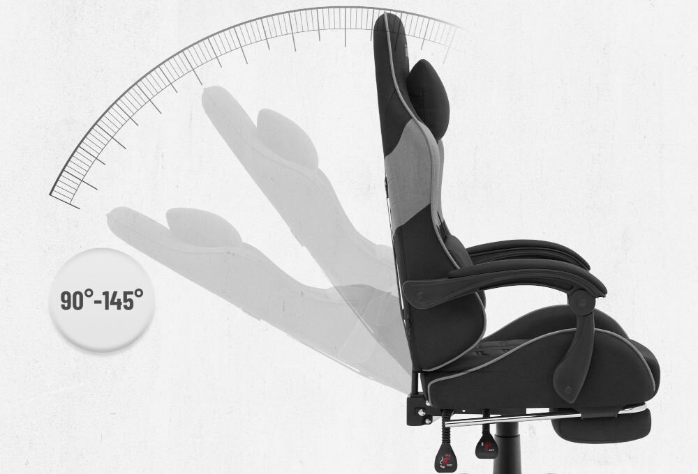 Fotel CABRO C501 Czarno-Szary Grafika prezentująca mechanizm regulacji kąta nachylenia oparcia fotela w zakresie od 90 do 145 stopni fotel gamingowy z regulacją oparcia do 145 stopni