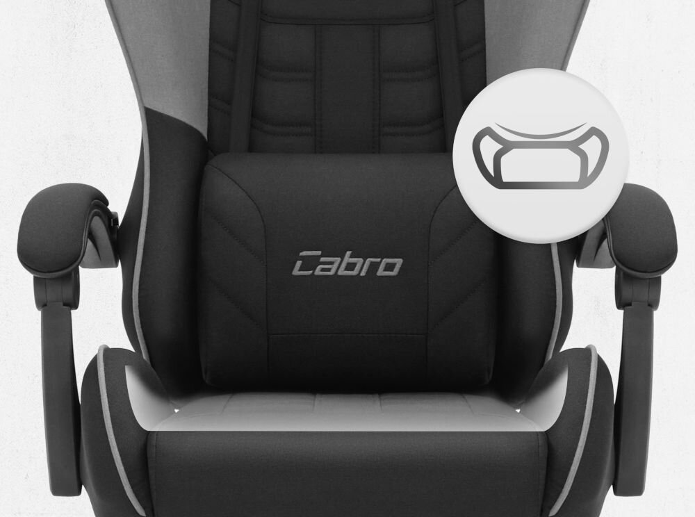 Fotel CABRO C501 Czarno-Szary Zbliżenie na siedzisko oraz poduszkę lędźwiową fotela gamingowego z logo marki i ikoną profilowanej poduszki fotel gamingowy z ergonomicznym siedziskiem z pianką