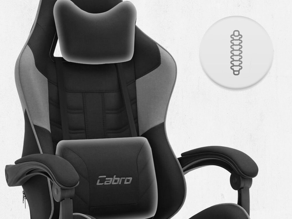 Fotel CABRO C501 Czarno-Szary Górna część fotela gamingowego z widocznym zagłówkiem i ikoną wsparcia kręgosłupa na całej długości pleców fotel gamingowy z poduszką lędźwiową i poduszką pod kark