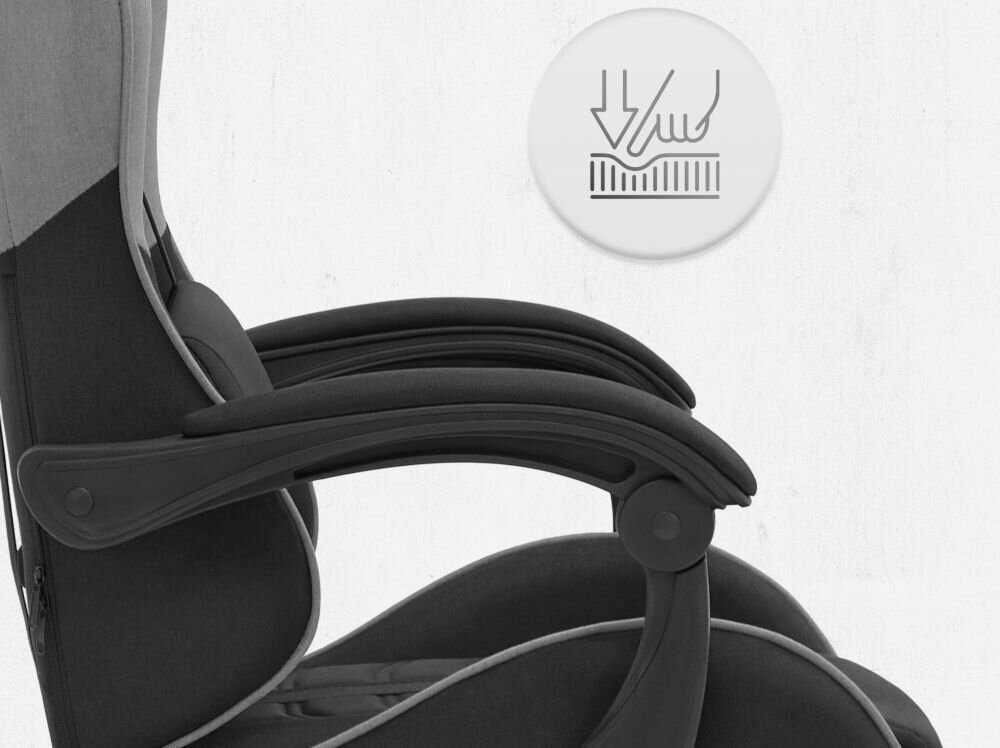 Fotel CABRO C501 Czarno-Szary Zbliżenie na miękki podłokietnik fotela z ikoną nacisku, podkreślającą komfort użytkowania i jakość wypełnienia fotel gamingowy z podłokietnikami z miękkimi padami