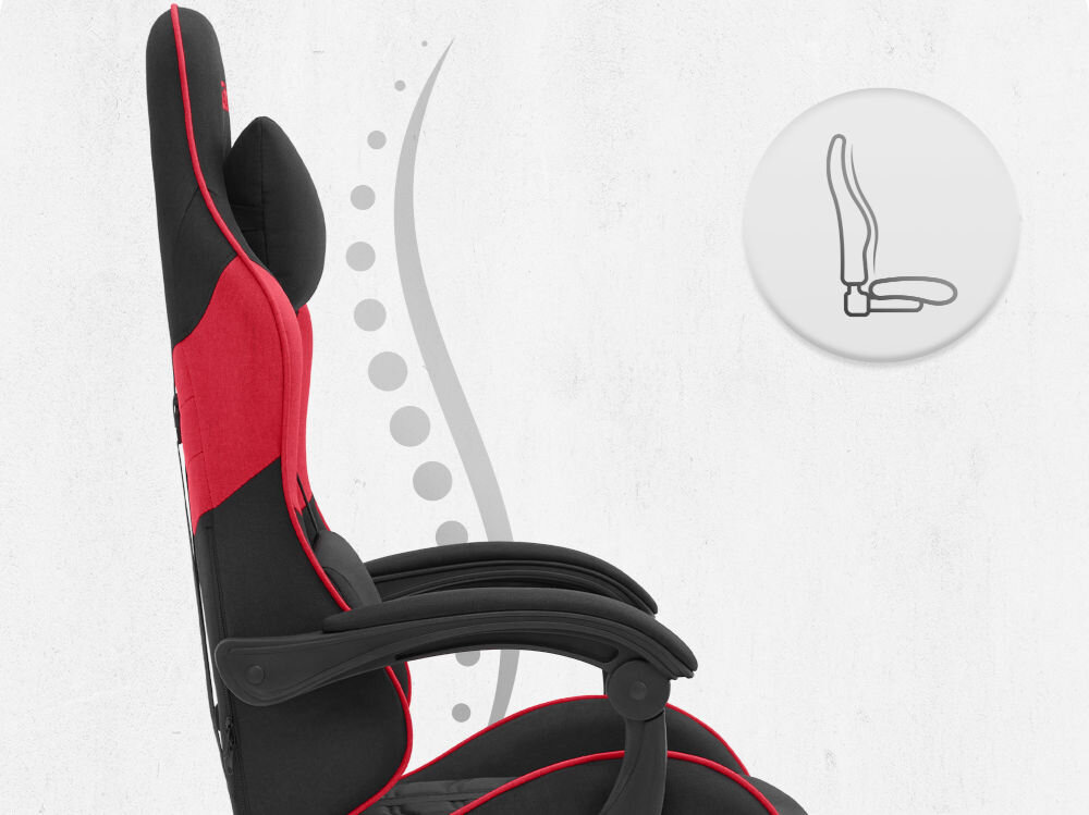 Fotel CABRO C501 Czerwony Profil fotela z ikoną prezentującą ergonomiczny kształt oparcia dopasowany do naturalnej krzywizny kręgosłupa ergonomiczny fotel gamingowy do pracy i grania