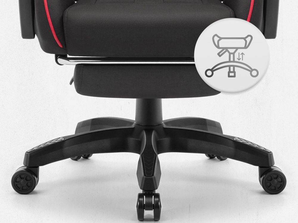 Fotel CABRO C501 Czerwony Widok na podstawę fotela z ikoną ilustrującą funkcję regulacji wysokości siedziska fotel gamingowy z pięcioramienną nylonową podstawą