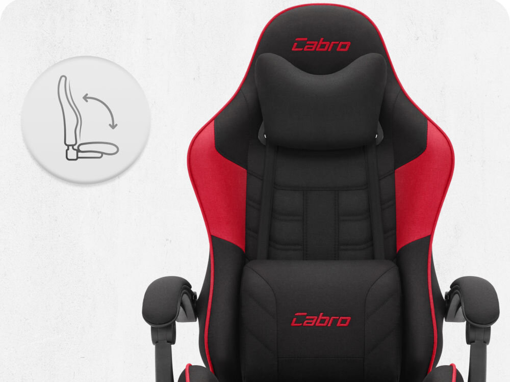Fotel CABRO C501 Czerwony Fotel gamingowy widziany od przodu z ikoną ilustrującą mechanizm kołysania siedziska uniwersalny fotel gamingowy do biura i pokoju gracza