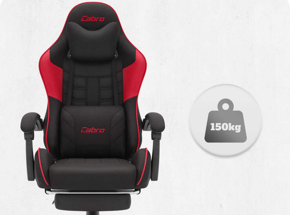 Fotel CABRO C501 Czerwony Widok od przodu na fotel gamingowy z ikoną informującą o maksymalnym obciążeniu wynoszącym 150 kg wytrzymały fotel gamingowy o nośności 150 kg