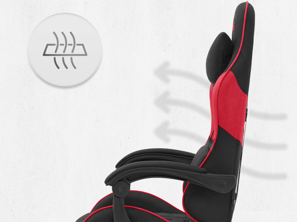 Fotel CABRO C501 Czerwony Profil fotela gamingowego z naniesionymi strzałkami i ikoną symbolizującą wentylację oraz przepływ powietrza przez oparcie ergonomiczny fotel gamingowy do długiej pracy i grania
