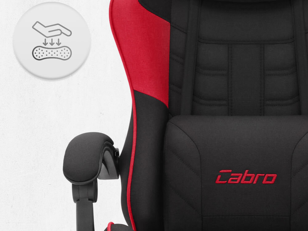 Fotel CABRO C501 Czerwony Zbliżenie na oparcie i podłokietnik fotela z ikoną dłoni naciskającej miękką piankę wypełniającą fotel gamingowy z oddychającą tapicerką z tkaniny