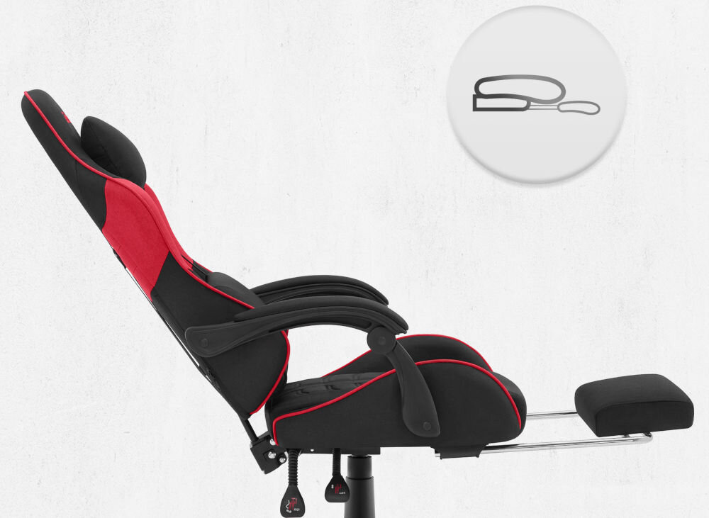 Fotel CABRO C501 Czerwony Widok z boku na fotel gamingowy z maksymalnie odchylonym oparciem i wysuniętym podnóżkiem pod nogi fotel gamingowy z wysuwanym podnóżkiem do odpoczynku