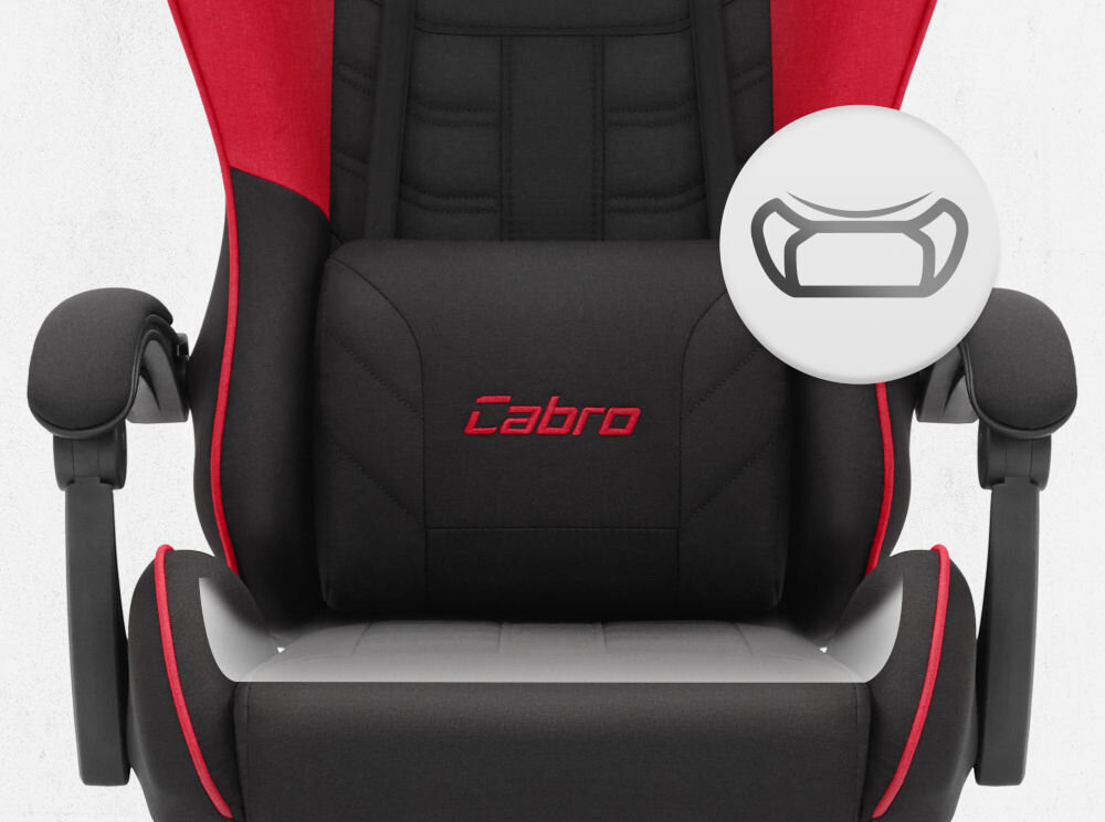 Fotel CABRO C501 Czerwony Zbliżenie na siedzisko oraz poduszkę lędźwiową fotela gamingowego z logo marki i ikoną profilowanej poduszki fotel gamingowy z ergonomicznym siedziskiem z pianką